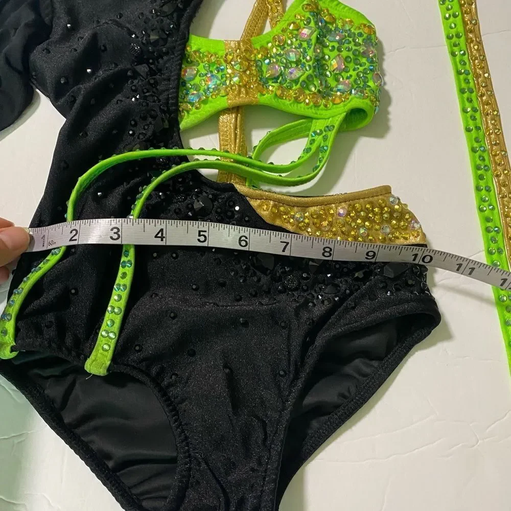 Glamour solo dance costume leotard Money green embellished rhinestone SC child